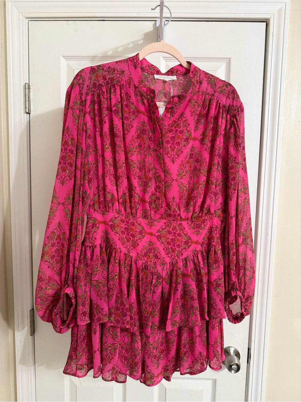 Olivaceous Fuchsia Floral Long-Sleeve Tiered Dress